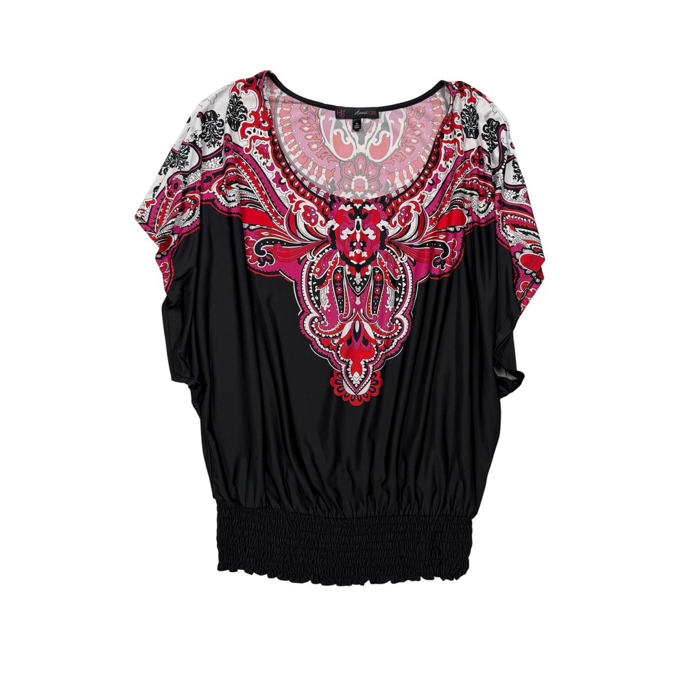 HeartSoul Plus 1X Black Pink Paisley Batwing Smocked Waist Boho Top